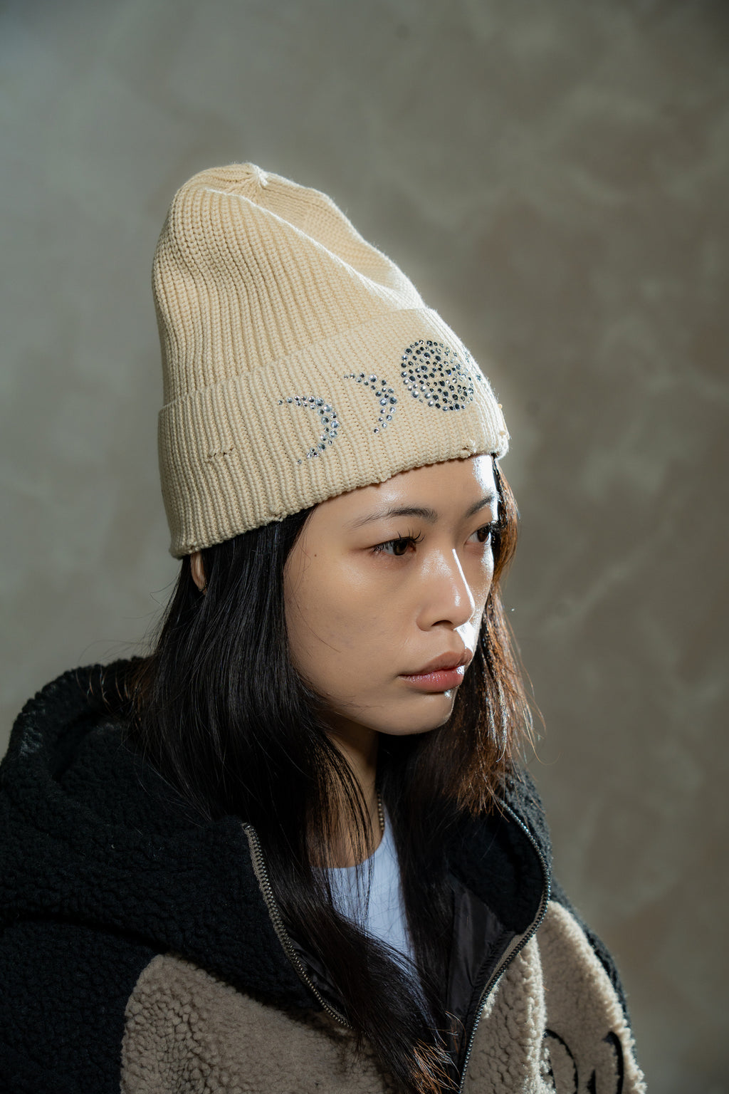 DW Rhinestone Beanie (Cream)