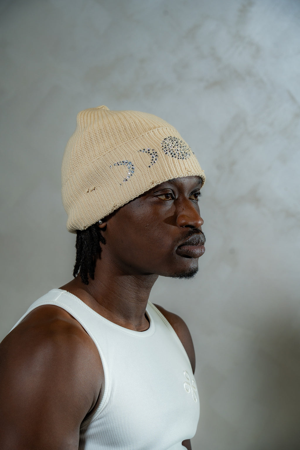 DW Rhinestone Beanie (Cream)